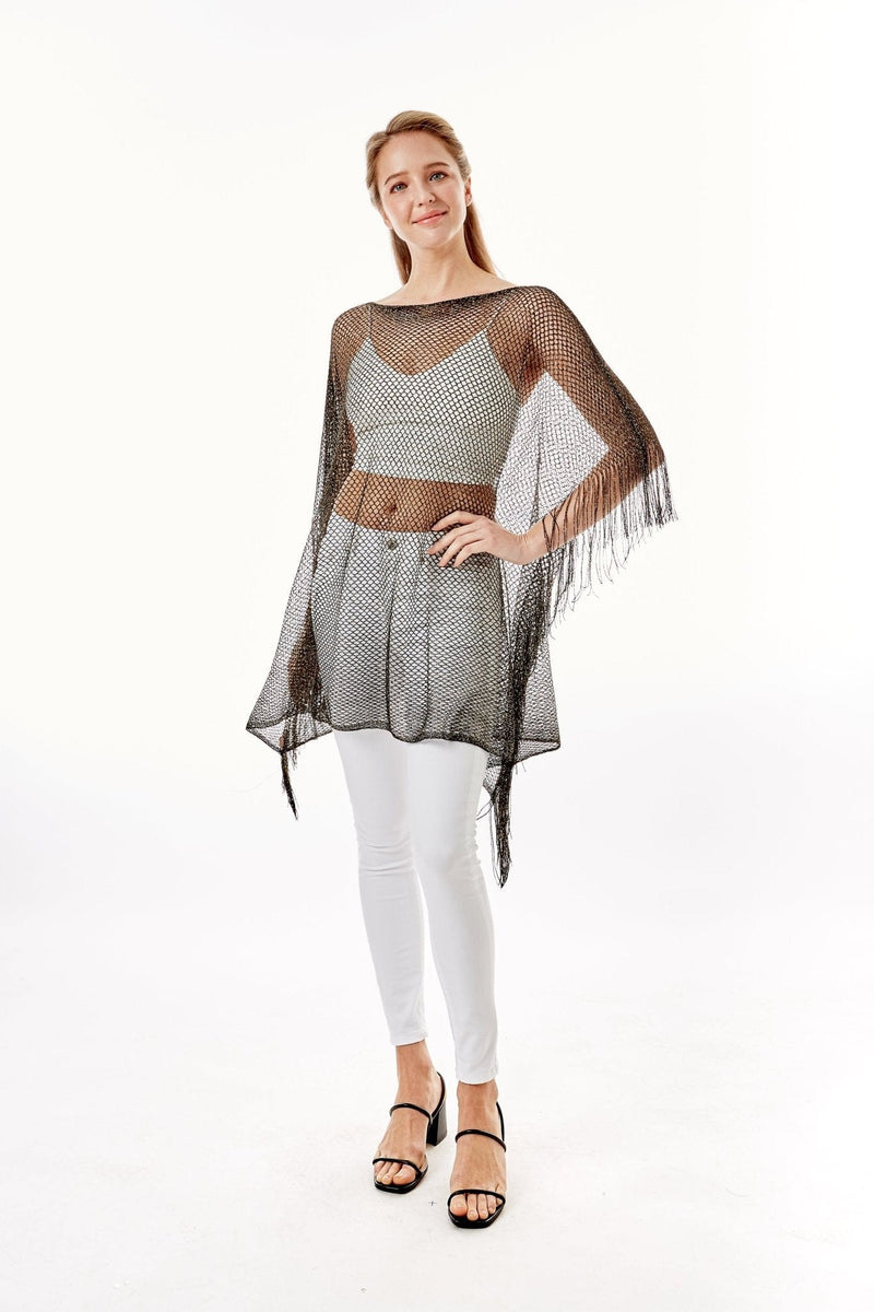 LOF801Metallic Net Cover-ups Fringes Poncho - MiMi Wholesale