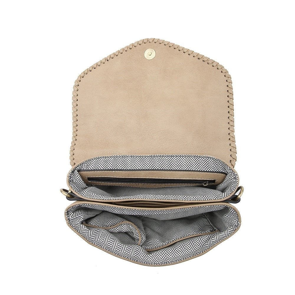M1802A Flapover Crossbody w/ Whipstitch & Double Tassel - MiMi Wholesale