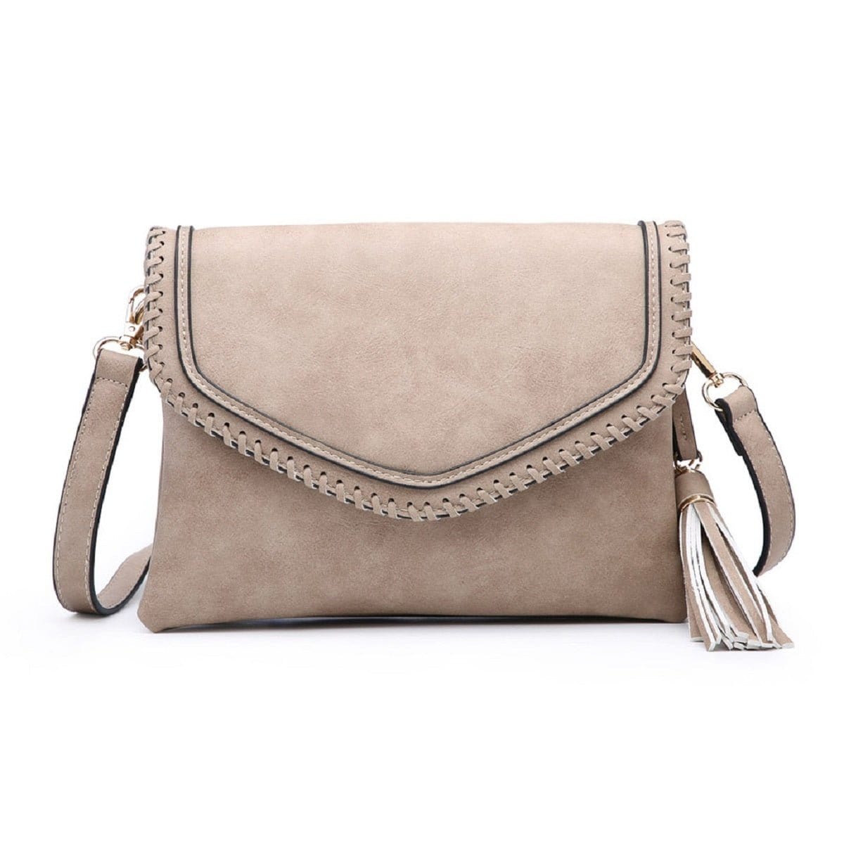 M1802A Flapover Crossbody w/ Whipstitch & Double Tassel - MiMi Wholesale
