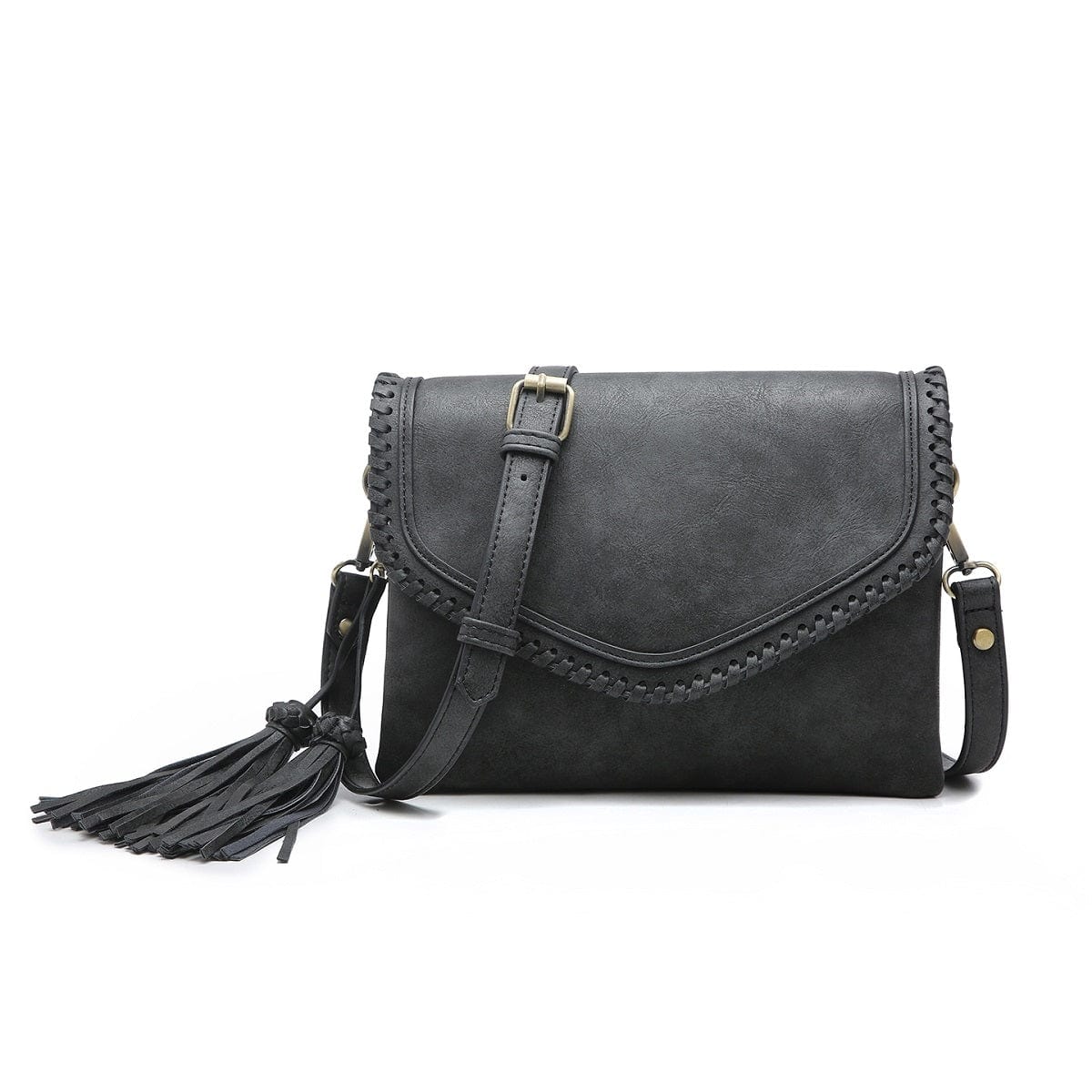 M1802A Flapover Crossbody w/ Whipstitch & Double Tassel - MiMi Wholesale
