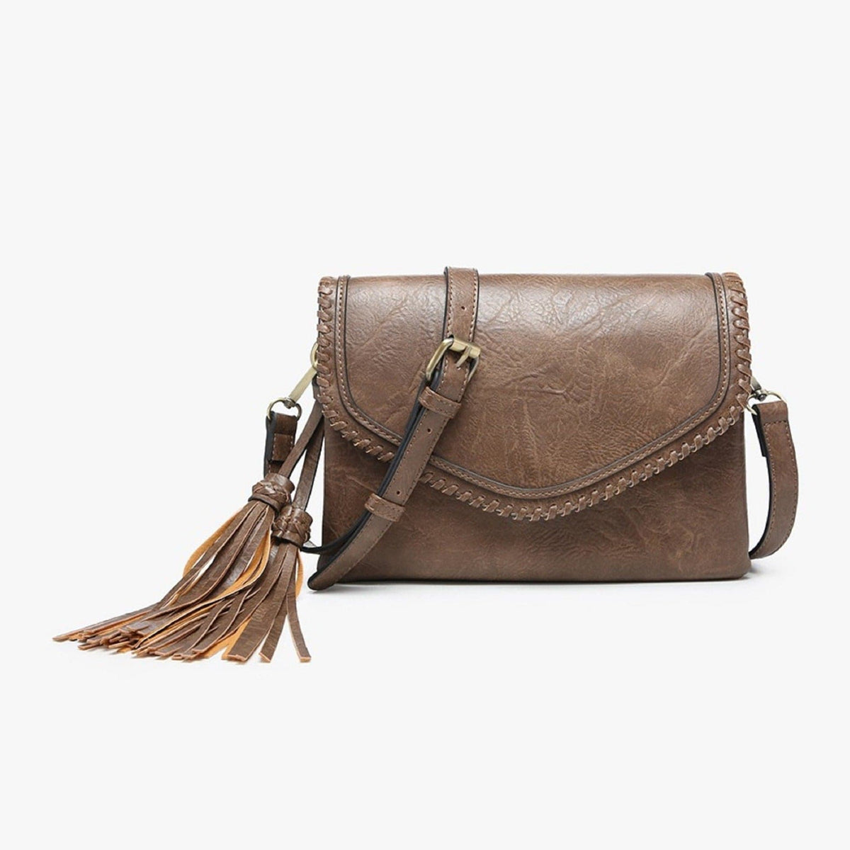 M1802A Flapover Crossbody w/ Whipstitch & Double Tassel - MiMi Wholesale