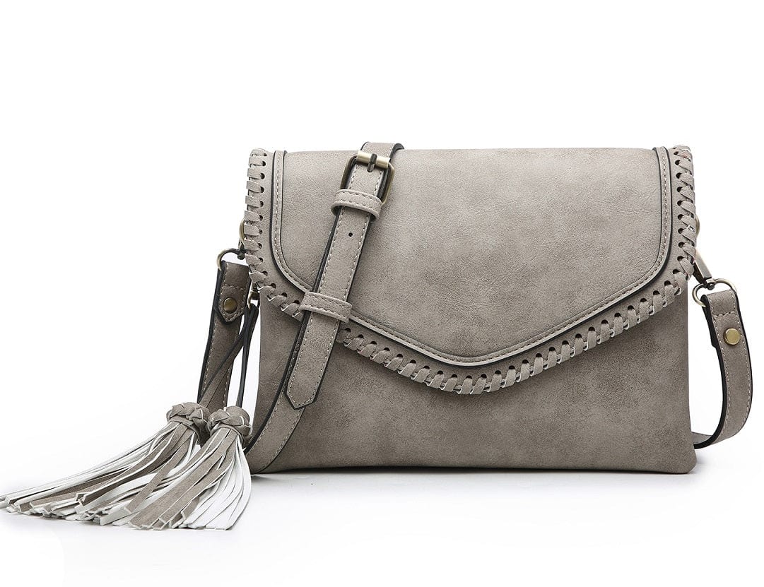 M1802A Flapover Crossbody w/ Whipstitch & Double Tassel - MiMi Wholesale