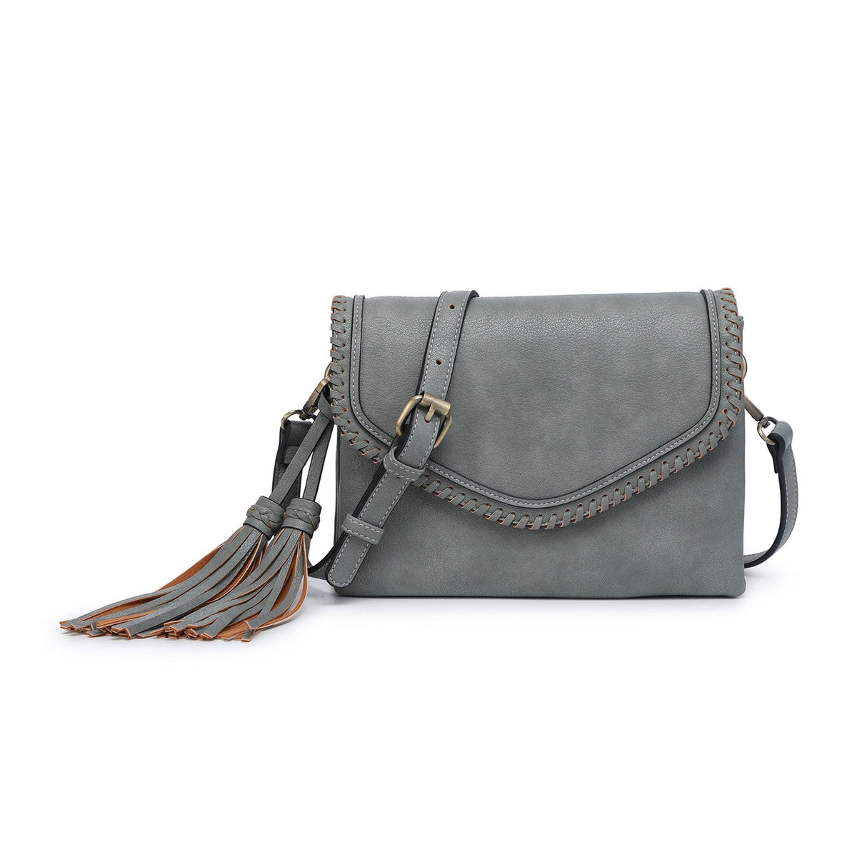 M1802A Flapover Crossbody w/ Whipstitch & Double Tassel - MiMi Wholesale