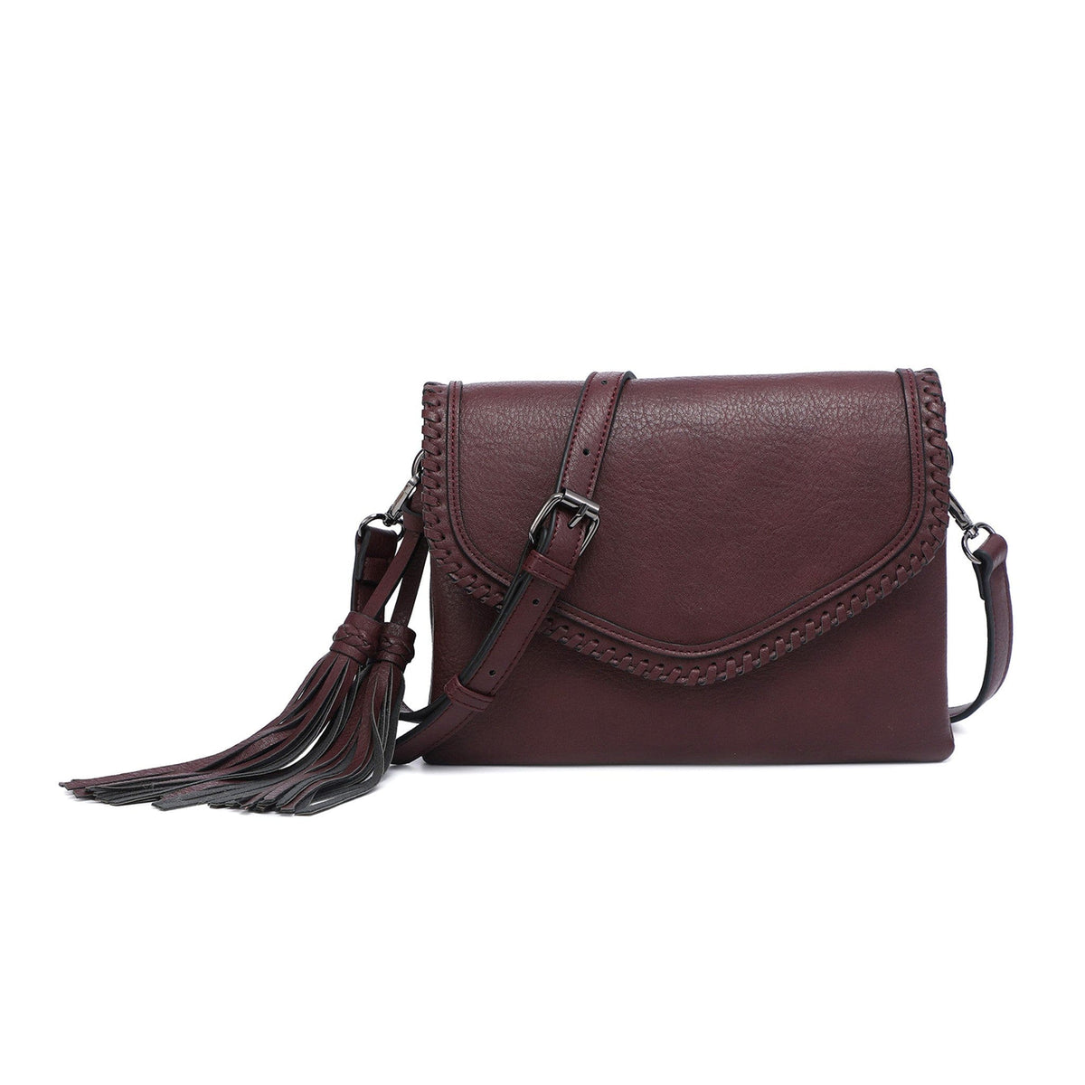 M1802A Flapover Crossbody w/ Whipstitch & Double Tassel - MiMi Wholesale