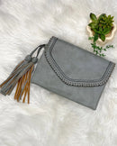 M1802A Flapover Crossbody w/ Whipstitch & Double Tassel - MiMi Wholesale