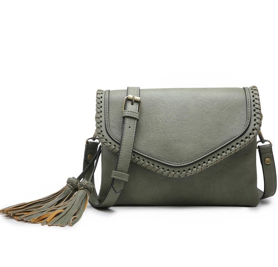 M1802A Flapover Crossbody w/ Whipstitch & Double Tassel - MiMi Wholesale