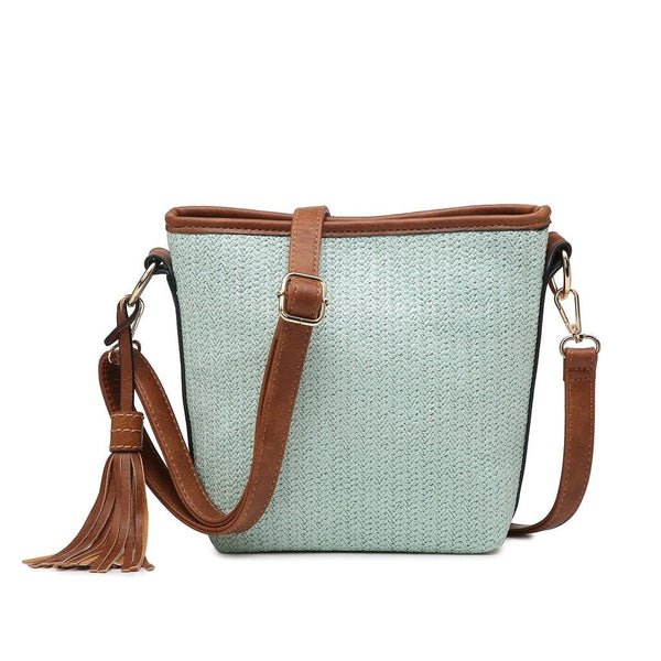 M1915 Woven Straw Snap Button Crossbody w/ Tassel - MiMi Wholesale