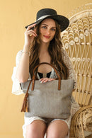 M1921 2 Tone Straw-Textured Tote - MiMi Wholesale