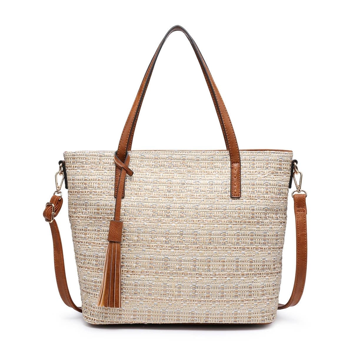 M1921 2 Tone Straw-Textured Tote - MiMi Wholesale