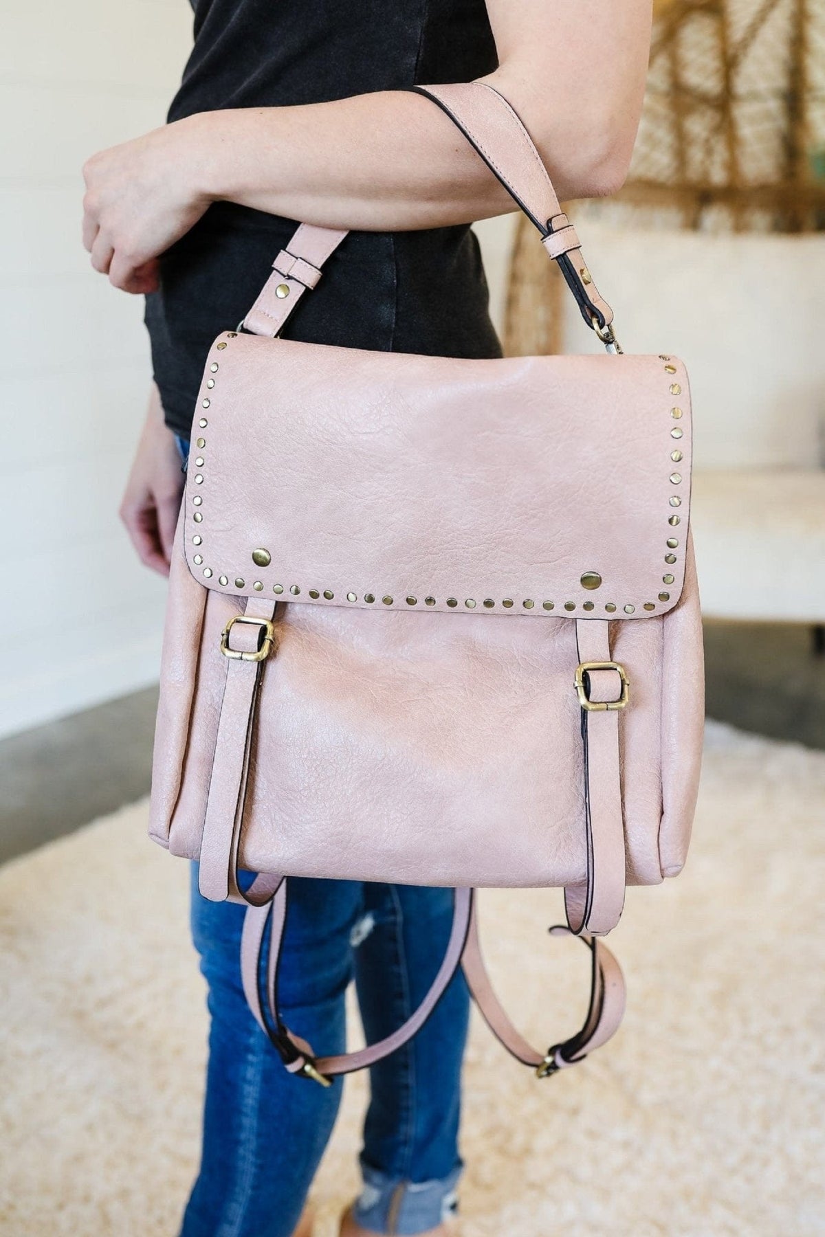 M2000 Indigo Convertible Backpack w/ Stud Details - MiMi Wholesale