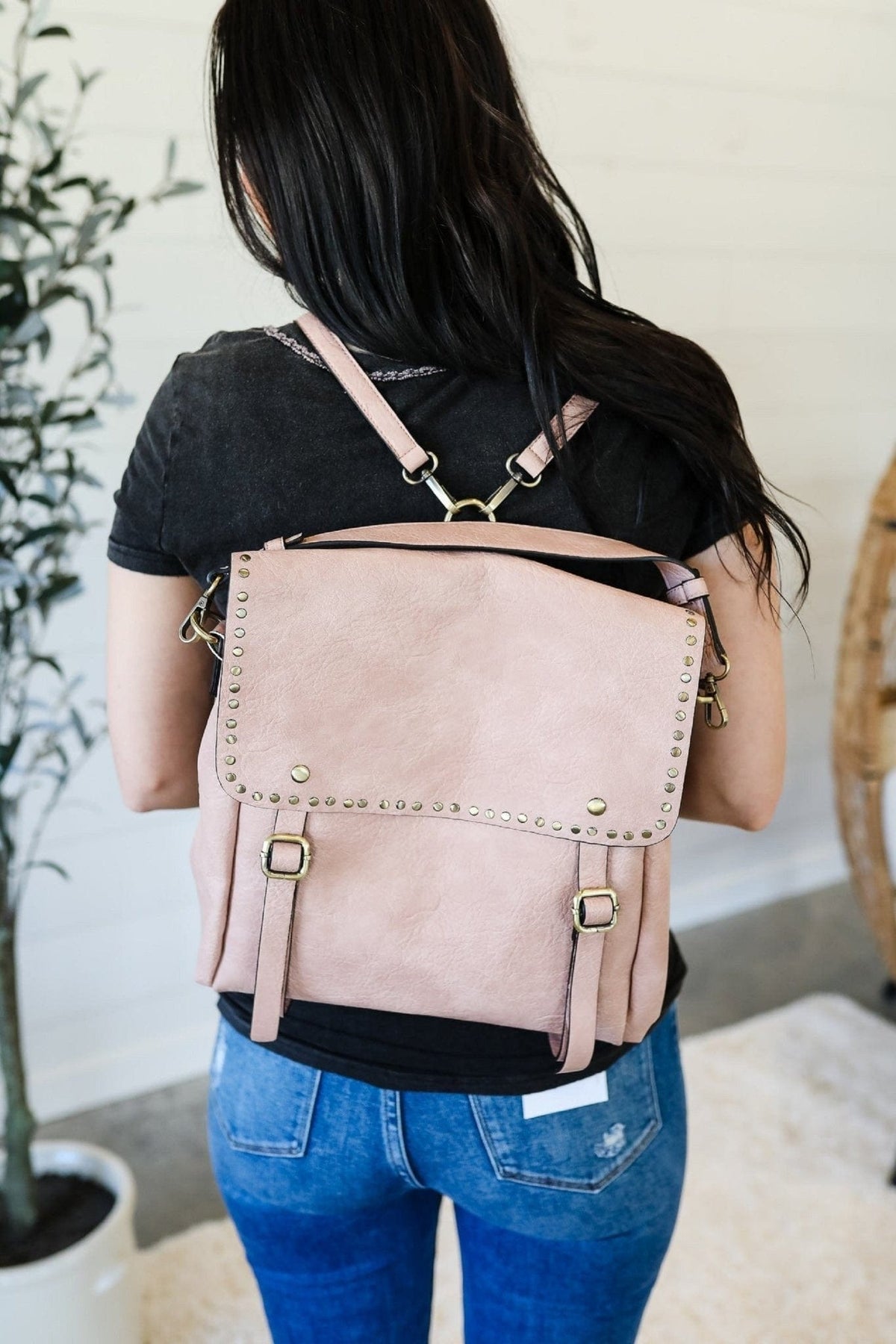 M2000 Indigo Convertible Backpack w/ Stud Details - MiMi Wholesale