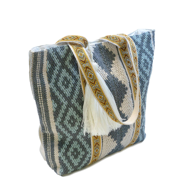 M2154 Tina Diamond Cotton Tote w/ Patterned Handles - MiMi Wholesale
