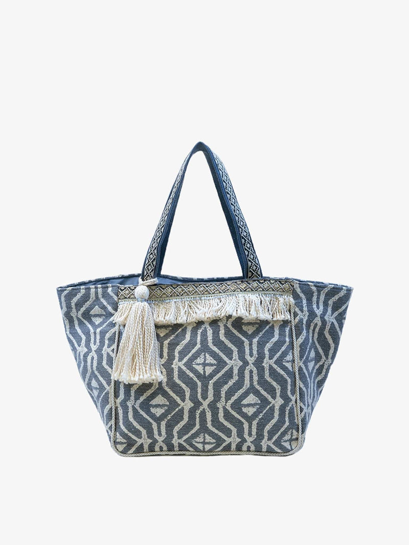 M2159 Rue Printed Cotton Tote w/ Fringe - MiMi Wholesale