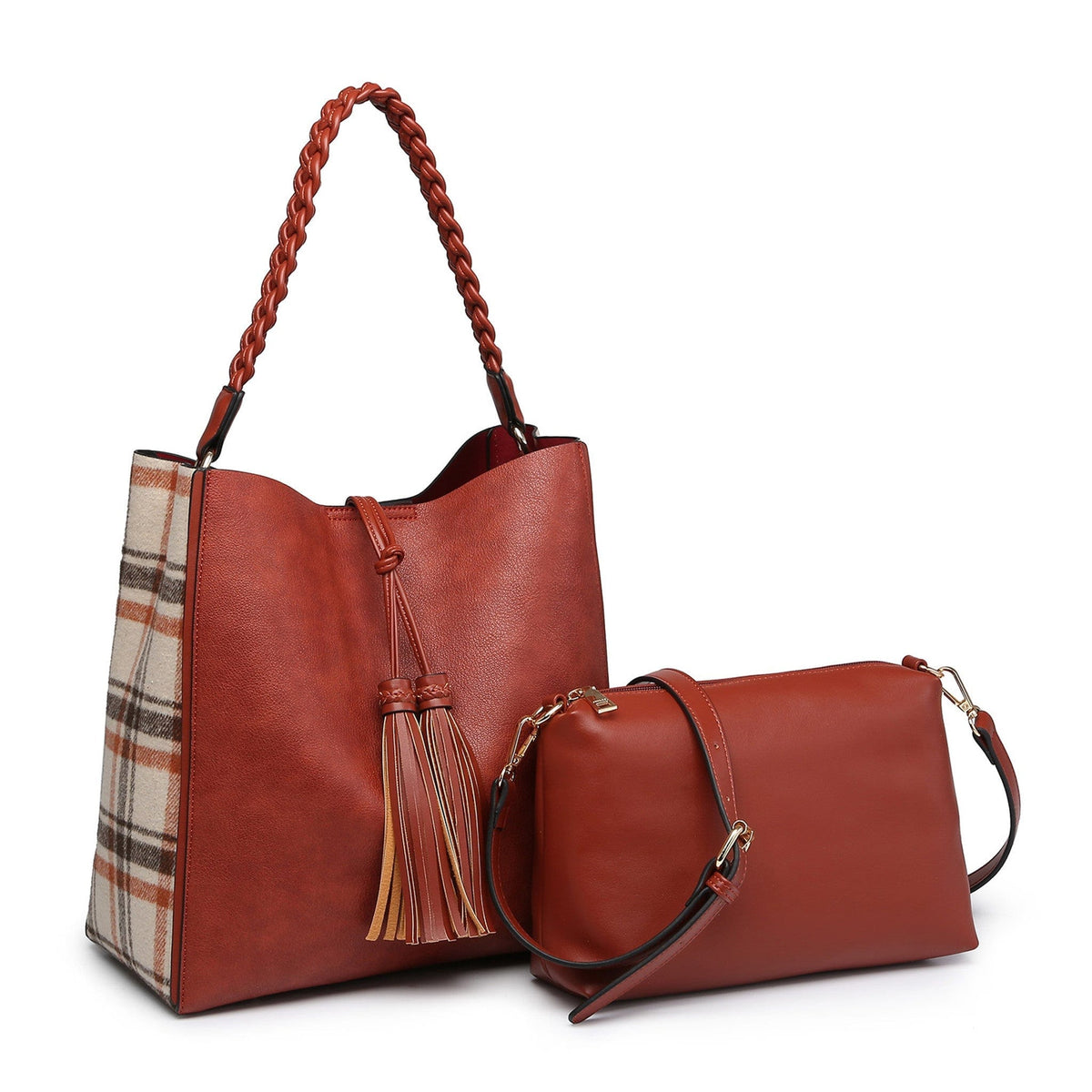 M2175PLD Dina Plaid Contrast Tote w/ Tassel - MiMi Wholesale
