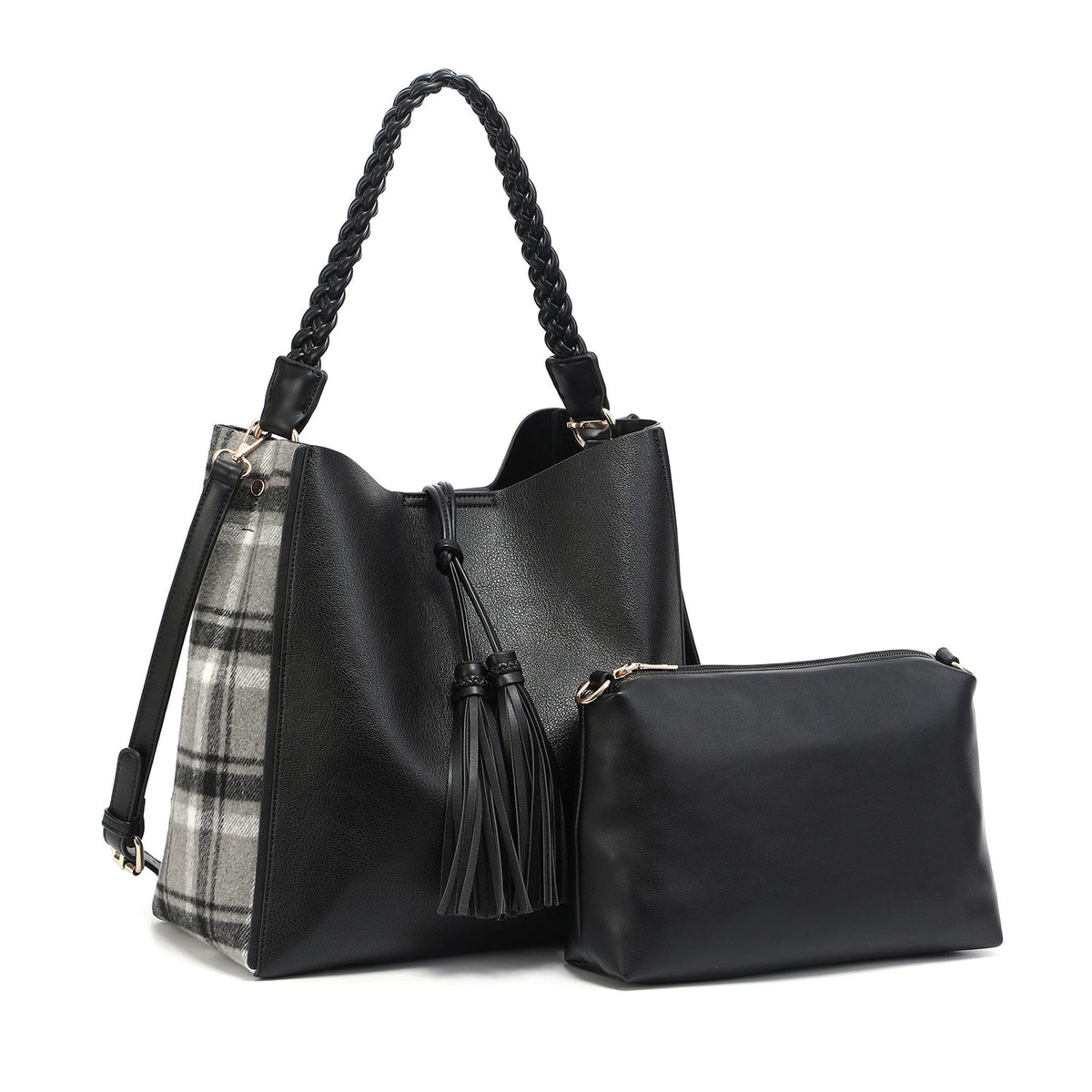 M2175PLD Dina Plaid Contrast Tote w/ Tassel - MiMi Wholesale