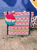 M2293 Marguerite Aztec Print Cotton Tote w/ Triple Tassels - MiMi Wholesale