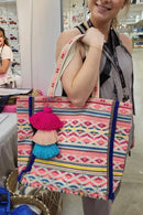 M2293 Marguerite Aztec Print Cotton Tote w/ Triple Tassels - MiMi Wholesale