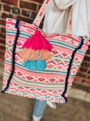 M2293 Marguerite Aztec Print Cotton Tote w/ Triple Tassels - MiMi Wholesale