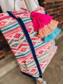 M2293 Marguerite Aztec Print Cotton Tote w/ Triple Tassels - MiMi Wholesale