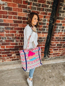 M2293 Marguerite Aztec Print Cotton Tote w/ Triple Tassels - MiMi Wholesale