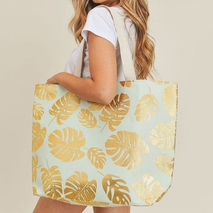 MB0085 Silver Tropical Leaf Foil Beach Bag - MiMi Wholesale