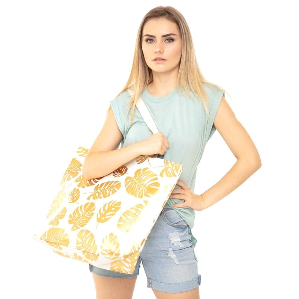MB0085 Silver Tropical Leaf Foil Beach Bag - MiMi Wholesale