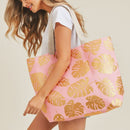 MB0085 Silver Tropical Leaf Foil Beach Bag - MiMi Wholesale
