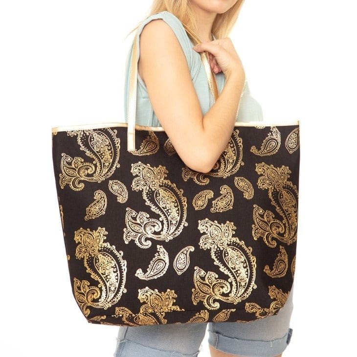 MB0126 Gold Foil Paisley Beach Bag - MiMi Wholesale