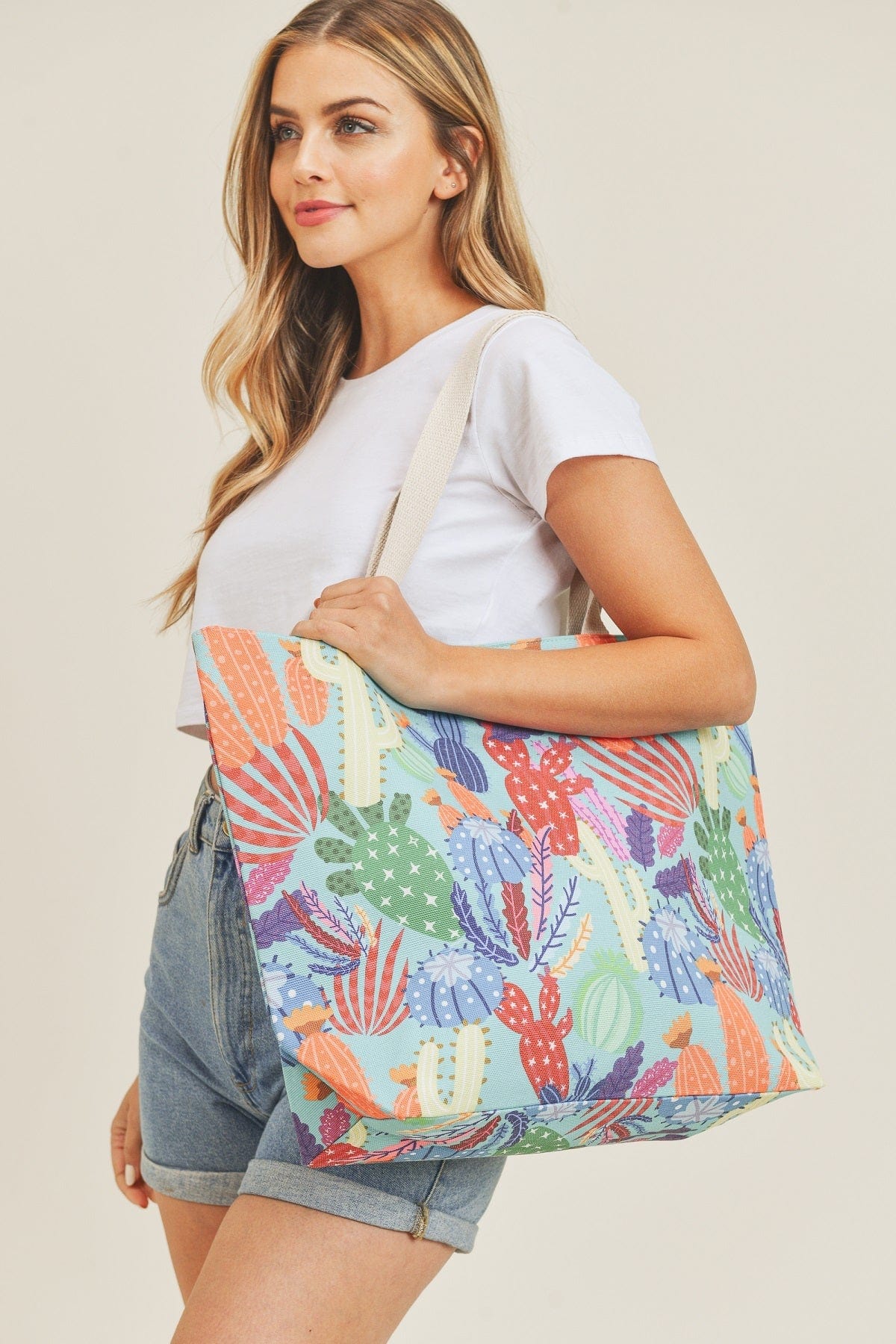 MB0135 Multi-Color Cactus Beach Tote Bag - MiMi Wholesale