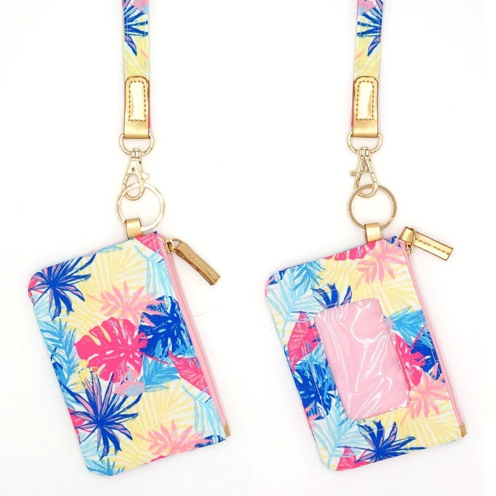 MB0145(PK.BL) Tropical Leaves Lanyard ID Wallet - MiMi Wholesale