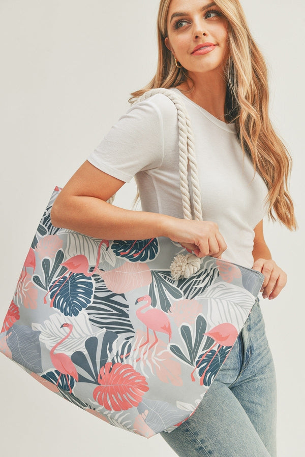 MB0172 Flamingo Tropical Leaves Tote Bag - MiMi Wholesale