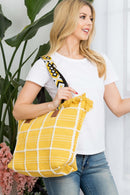 MB0176 Checked Pattern Top Fringe With Aztec Patterned Strap Tote Bag - MiMi Wholesale