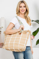 MB0176 Checked Pattern Top Fringe With Aztec Patterned Strap Tote Bag - MiMi Wholesale