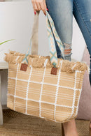 MB0176 Checked Pattern Top Fringe With Aztec Patterned Strap Tote Bag - MiMi Wholesale