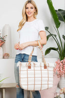 MB0176 Checked Pattern Top Fringe With Aztec Patterned Strap Tote Bag - MiMi Wholesale