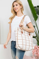 MB0176 Checked Pattern Top Fringe With Aztec Patterned Strap Tote Bag - MiMi Wholesale