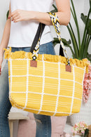 MB0176 Checked Pattern Top Fringe With Aztec Patterned Strap Tote Bag - MiMi Wholesale