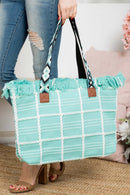 MB0176 Checked Pattern Top Fringe With Aztec Patterned Strap Tote Bag - MiMi Wholesale