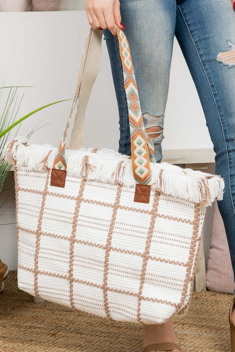MB0176 Checked Pattern Top Fringe With Aztec Patterned Strap Tote Bag - MiMi Wholesale