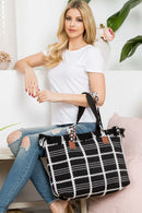 MB0176 Checked Pattern Top Fringe With Aztec Patterned Strap Tote Bag - MiMi Wholesale