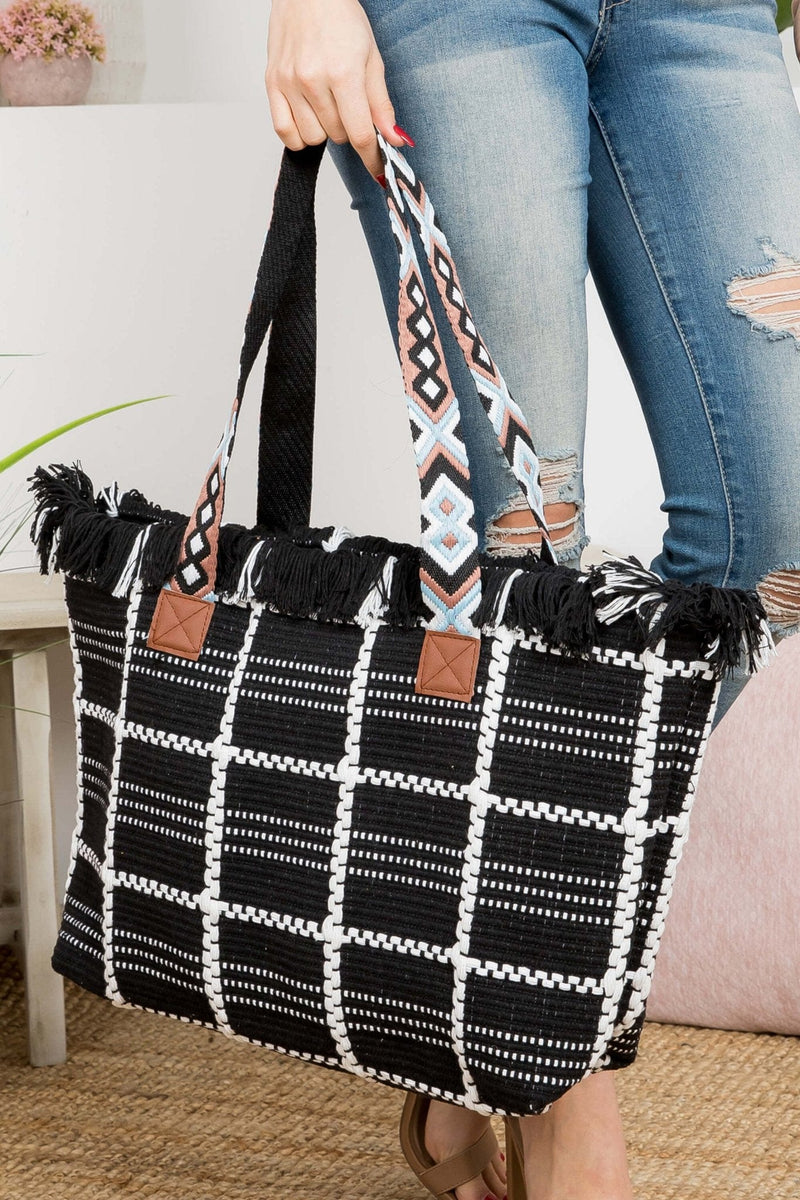 MB0176 Checked Pattern Top Fringe With Aztec Patterned Strap Tote Bag - MiMi Wholesale