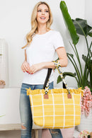MB0176 Checked Pattern Top Fringe With Aztec Patterned Strap Tote Bag - MiMi Wholesale