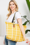 MB0176 Checked Pattern Top Fringe With Aztec Patterned Strap Tote Bag - MiMi Wholesale