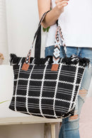 MB0176 Checked Pattern Top Fringe With Aztec Patterned Strap Tote Bag - MiMi Wholesale