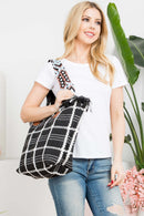 MB0176 Checked Pattern Top Fringe With Aztec Patterned Strap Tote Bag - MiMi Wholesale