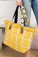 MB0176 Checked Pattern Top Fringe With Aztec Patterned Strap Tote Bag - MiMi Wholesale