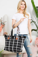 MB0176 Checked Pattern Top Fringe With Aztec Patterned Strap Tote Bag - MiMi Wholesale