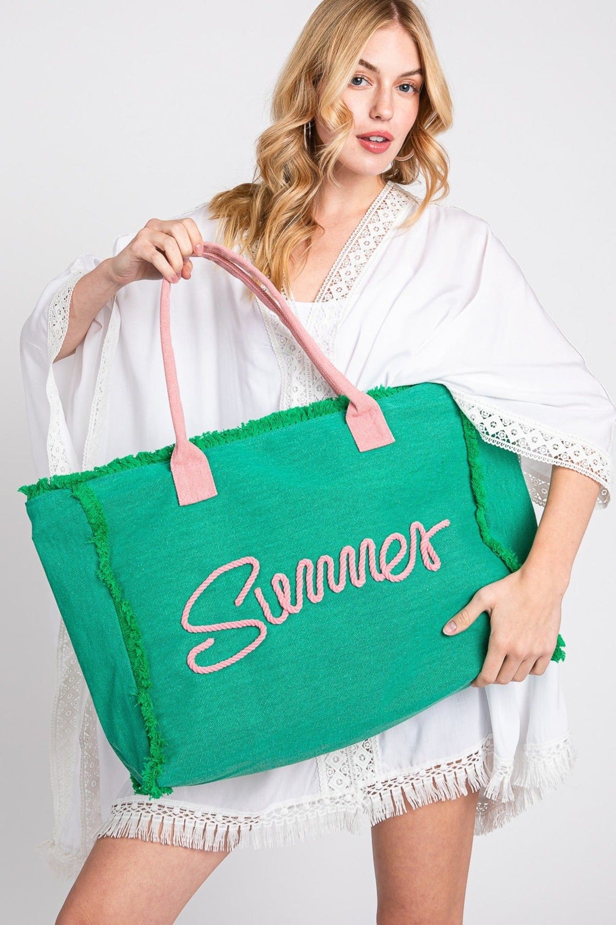 MB0204 Sewn Rope Summer Letter Fringe Tote Bag - MiMi Wholesale