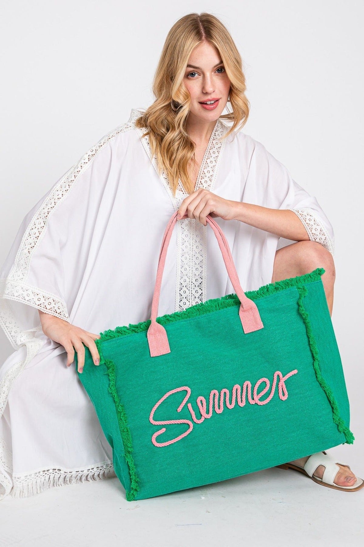MB0204 Sewn Rope Summer Letter Fringe Tote Bag - MiMi Wholesale