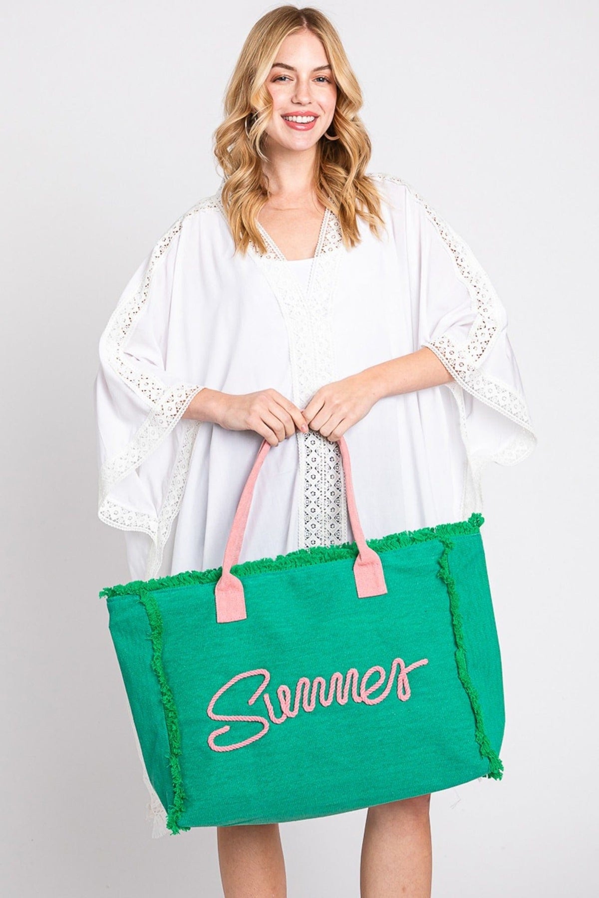 MB0204 Sewn Rope Summer Letter Fringe Tote Bag - MiMi Wholesale